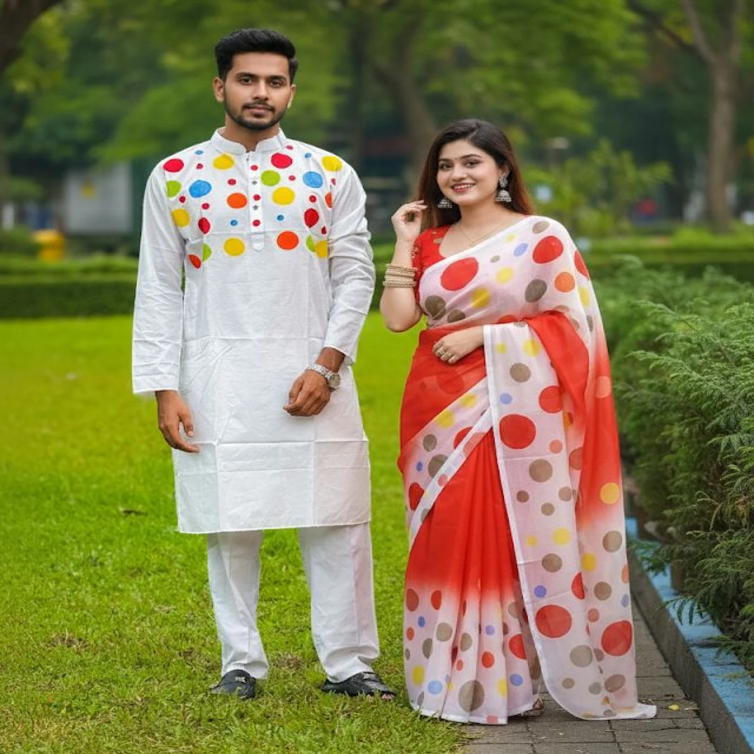 কাপল ড্রেস কালেকশন চান্দুরি সিল্ক শাড়ি ও ধুপিয়ান পাঞ্জাবি